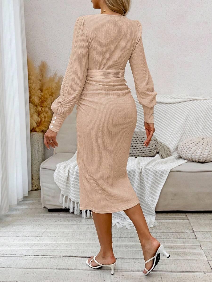 SHEIN BEŻOWA CIĄŻOWA MIDI SUKIENKA TEKSTURA BUFKI S06__L