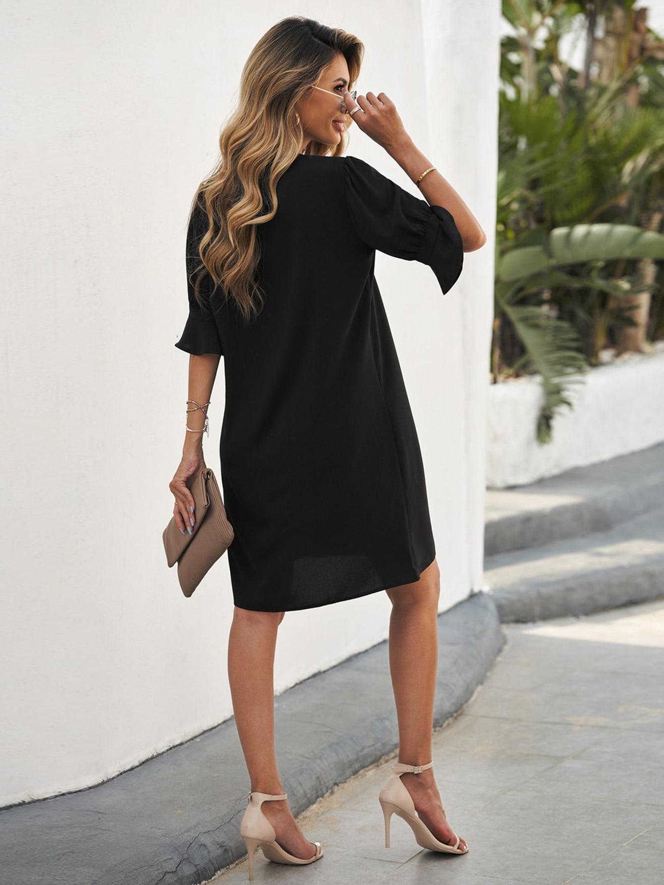SHEIN CZARNA PROSTA SUKIENKA V-NECK S06__L