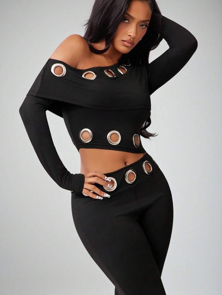SHEIN CZARNY KOMPLET TOP SPODNIE S06__XS