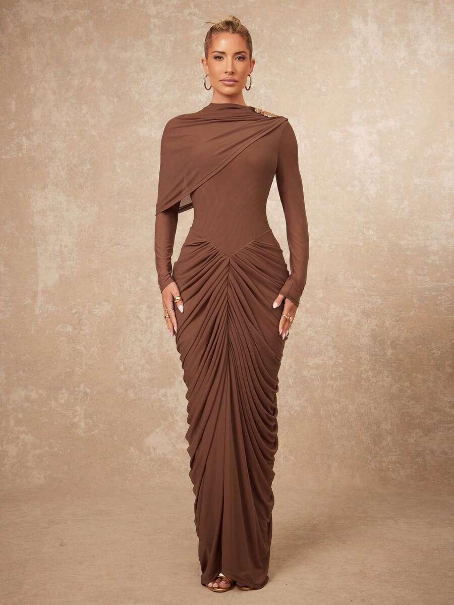 SHEIN BRĄZOWA MAXI SUKIENKA S06__S