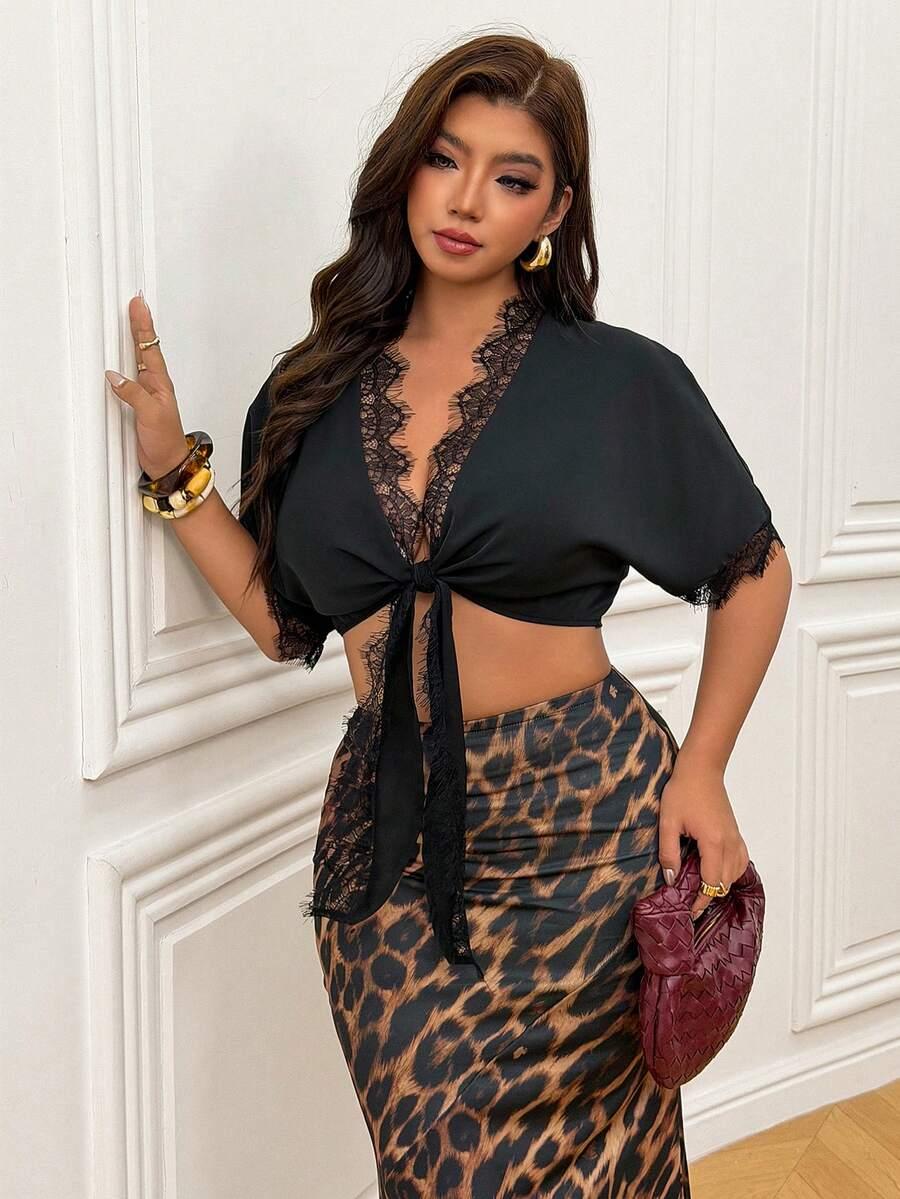 SHEIN CZARNY TOP WIĄZANIE KORONKA S06__XXL
