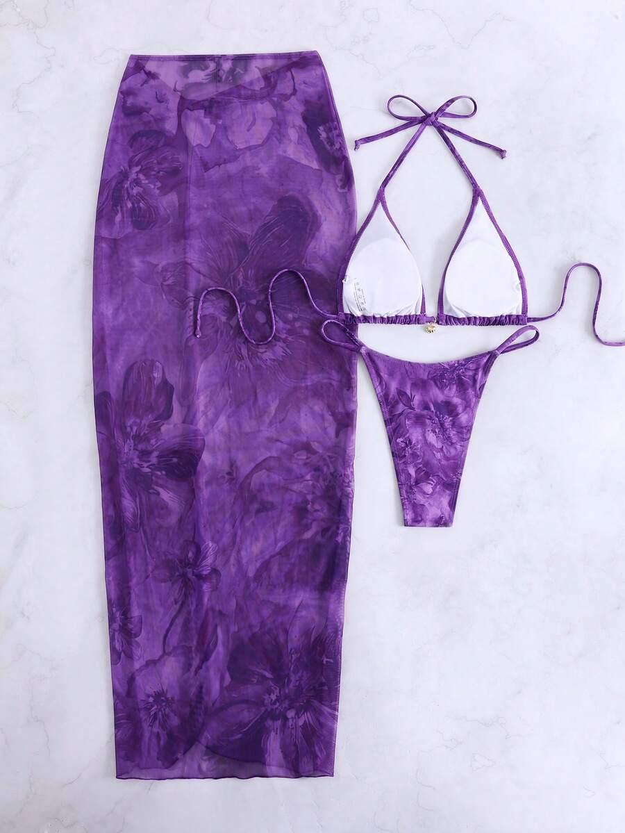 SHEIN FIOLETOWY DWUCZĘŚCIOWY STRÓJ KĄPIELOWY PRINT S09__XS