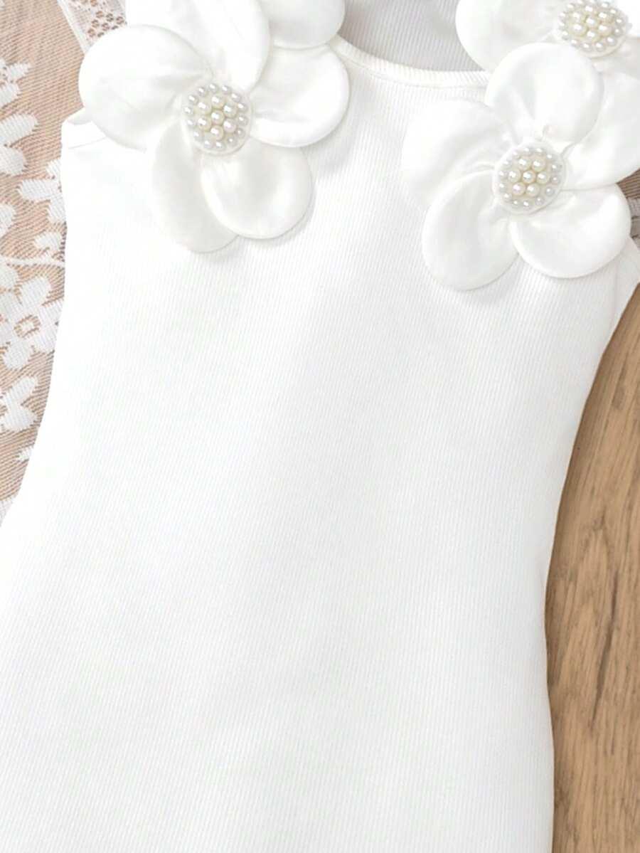 SHEIN BIAŁA SUKIENKA BEZ RĘKAWÓW ZDOBIENIA KWIATY 3D PEREŁKI