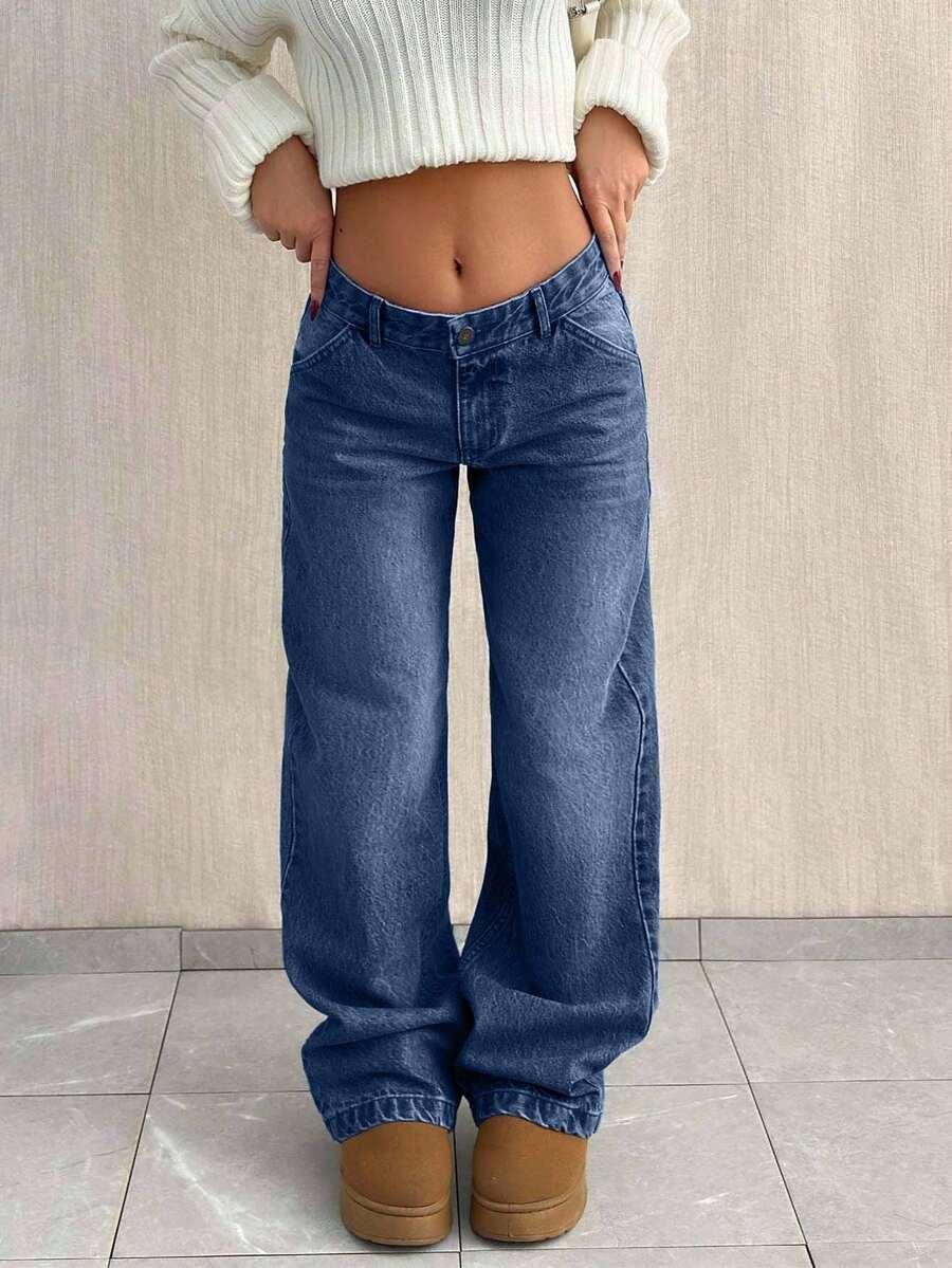 SHEIN GRANATOWE SPODNIE JEANSY DAMSKIE Z NISKIM STANEM S06__M