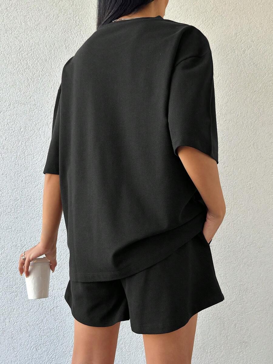 SHEIN CZARNY KOMPLET T-SHIRT SPODENKI S06__M