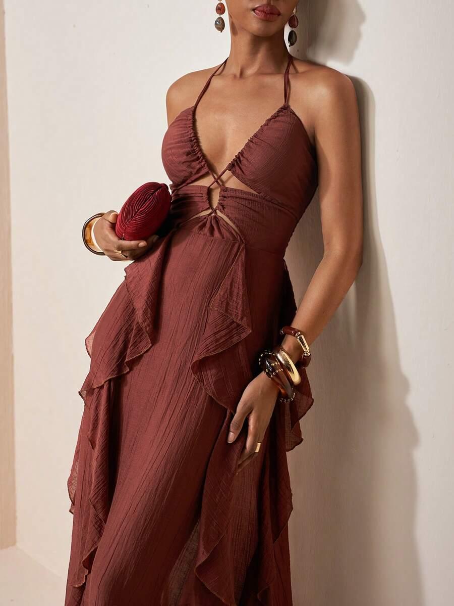 SHEIN BRĄZOWA MAXI SUKIENKA S06__L