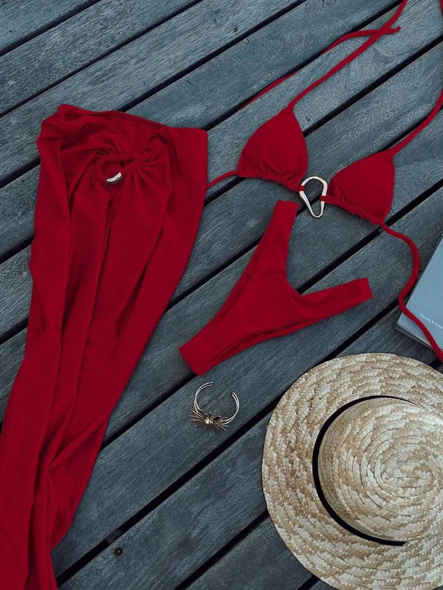 SHEIN CZERWONY DWUCZĘŚCIOWY STRÓJ KĄPIELOWY ZDOBIENIE S09__L