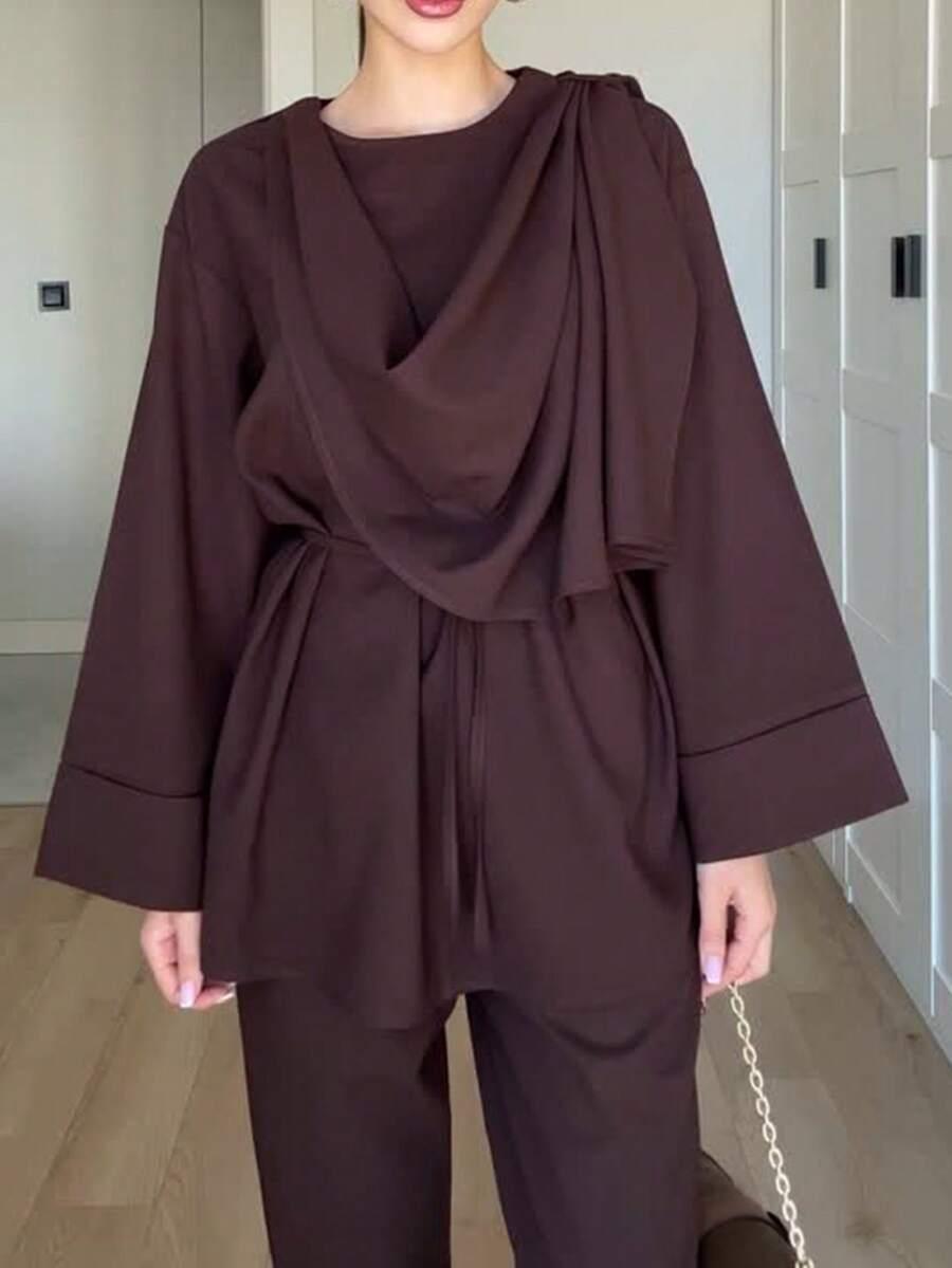 SHEIN BRĄZOWY KOMPLET SPODNIE BLUZKA S06__M