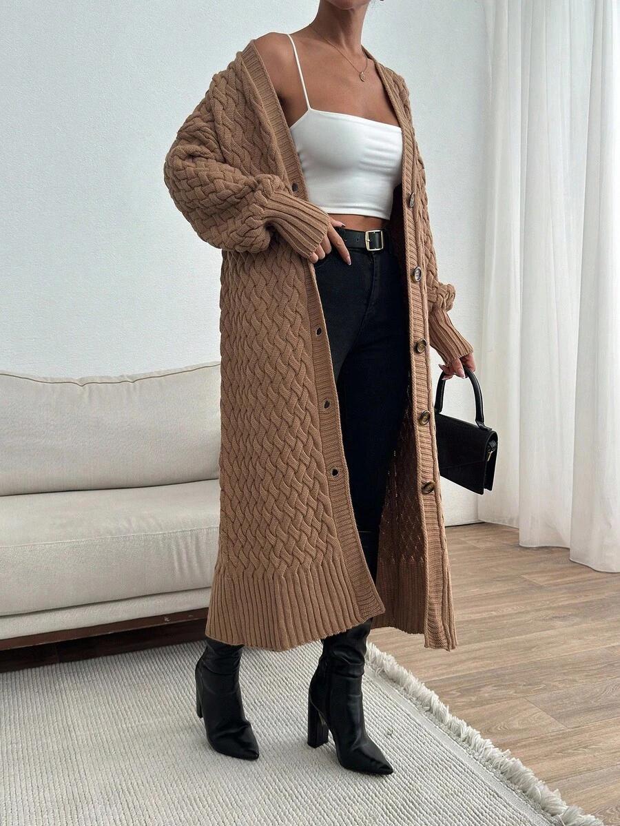EURMUSE BRĄZOWY ROZPINANY SWETER GUZIKI V NECK S09__OS
