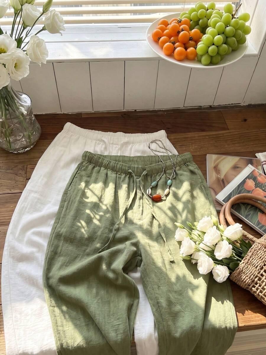 SHEIN CASUALOWE PRZEWIEWNE SPODNIE WIĄZANIE ECRU PK01__XL