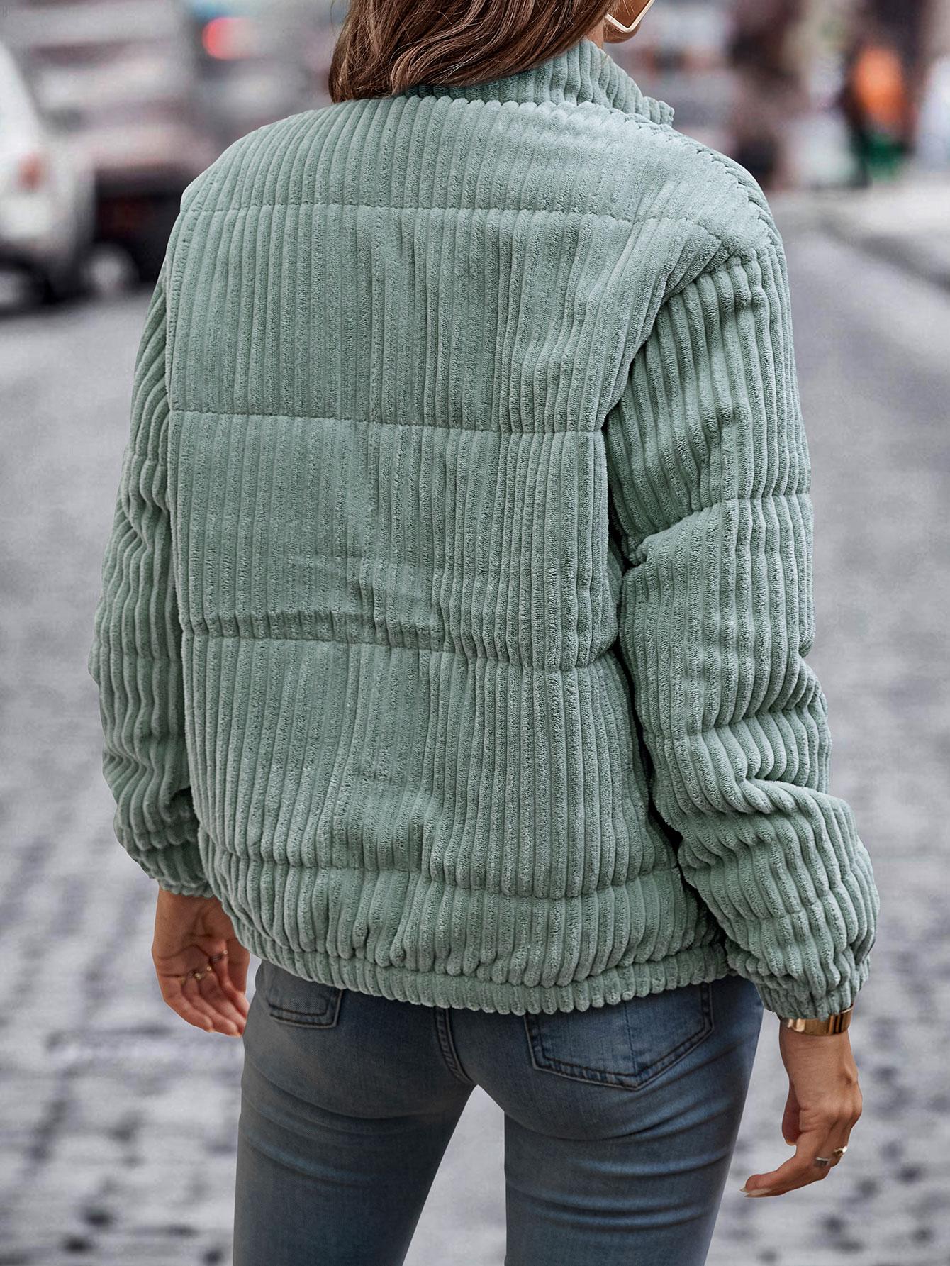 SHEIN SZTRUKSOWA ZIELONA KURTKA PRĄŻKI W01__L