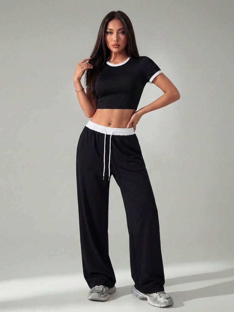 SHEIN BLUZKA KRÓTKI RĘKAW SPODNIE KONTRAST KOMPLET S06__M