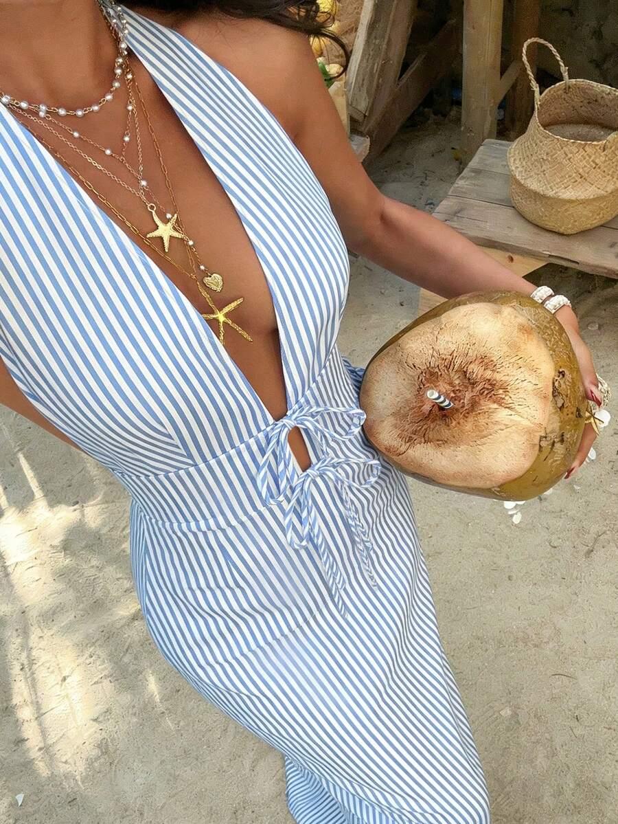 SHEIN MAXI SUKIENKA WZÓR PASKI GŁĘBOKI DEKOLT PK01__L