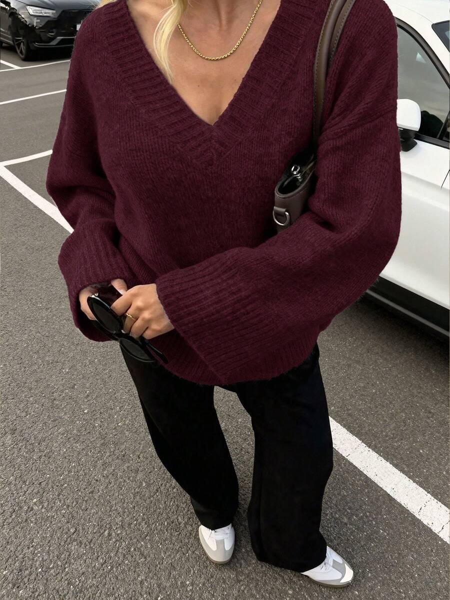 SHEIN BORDOWY SWETER OVERSIZE V-NECK S06__L
