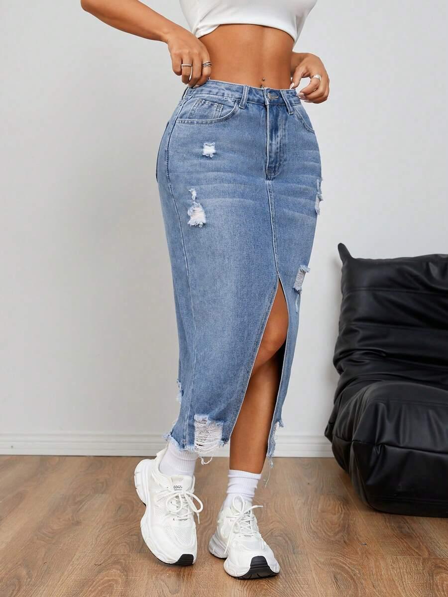 SHEIN JEANSOWA SPÓDNICA PRZETARCIA S06__XXL