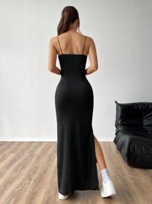 SHEIN CZARNA MAXI SUKIENKA NA RAMIĄCZKACH ROZCIĘCIE S06__XS