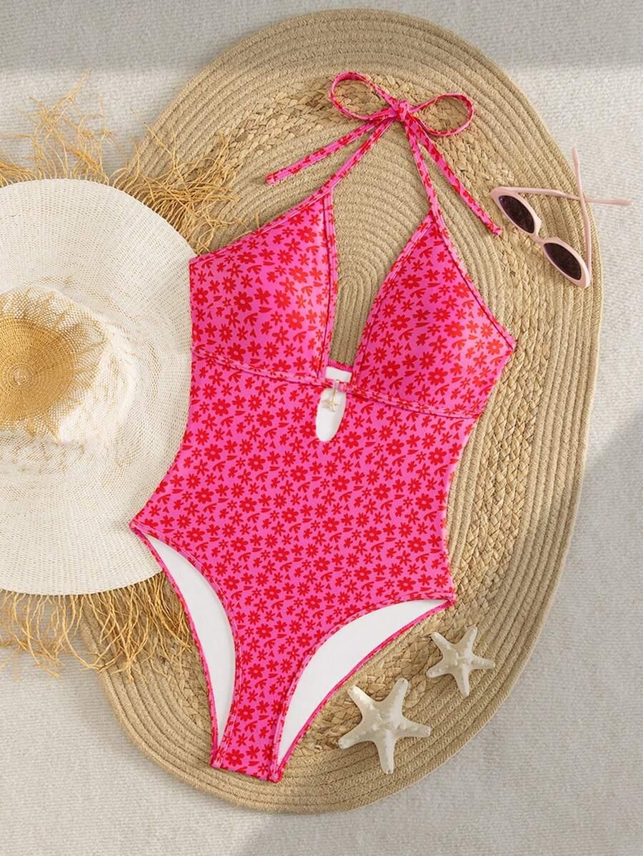 SHEIN RÓŻOWY JEDNOCZĘŚCIOWY STRÓJ KĄPIELOWY WZÓR KWIATY S09__S