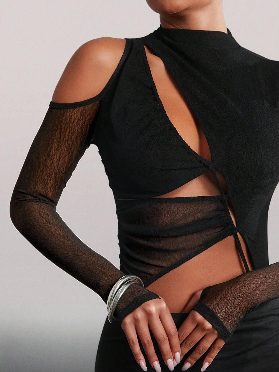 SHEIN CZARNE BODY ASYMETRYCZNE DŁUGI RĘKAW S06__M