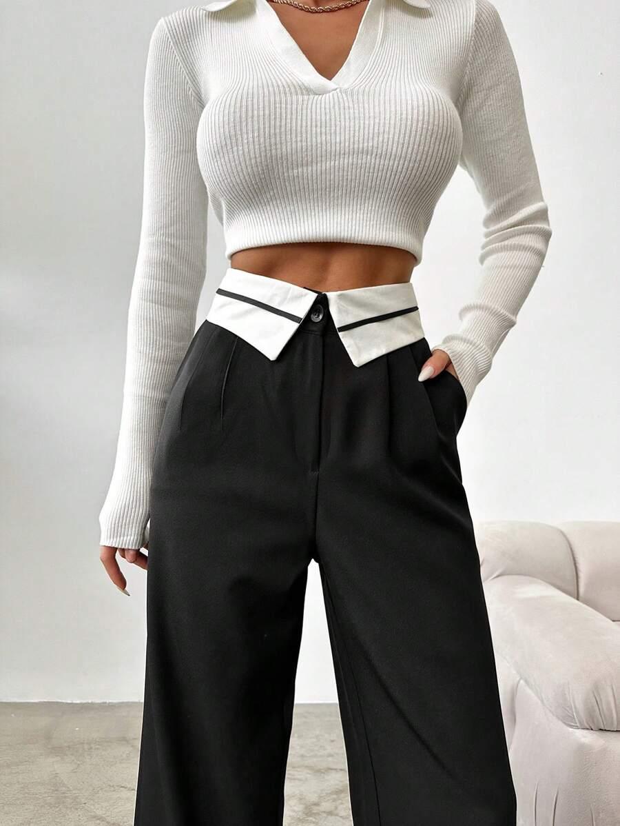 SHEIN PROSTE SPODNIE WYSOKI STAN KONTRAST PK01__XL