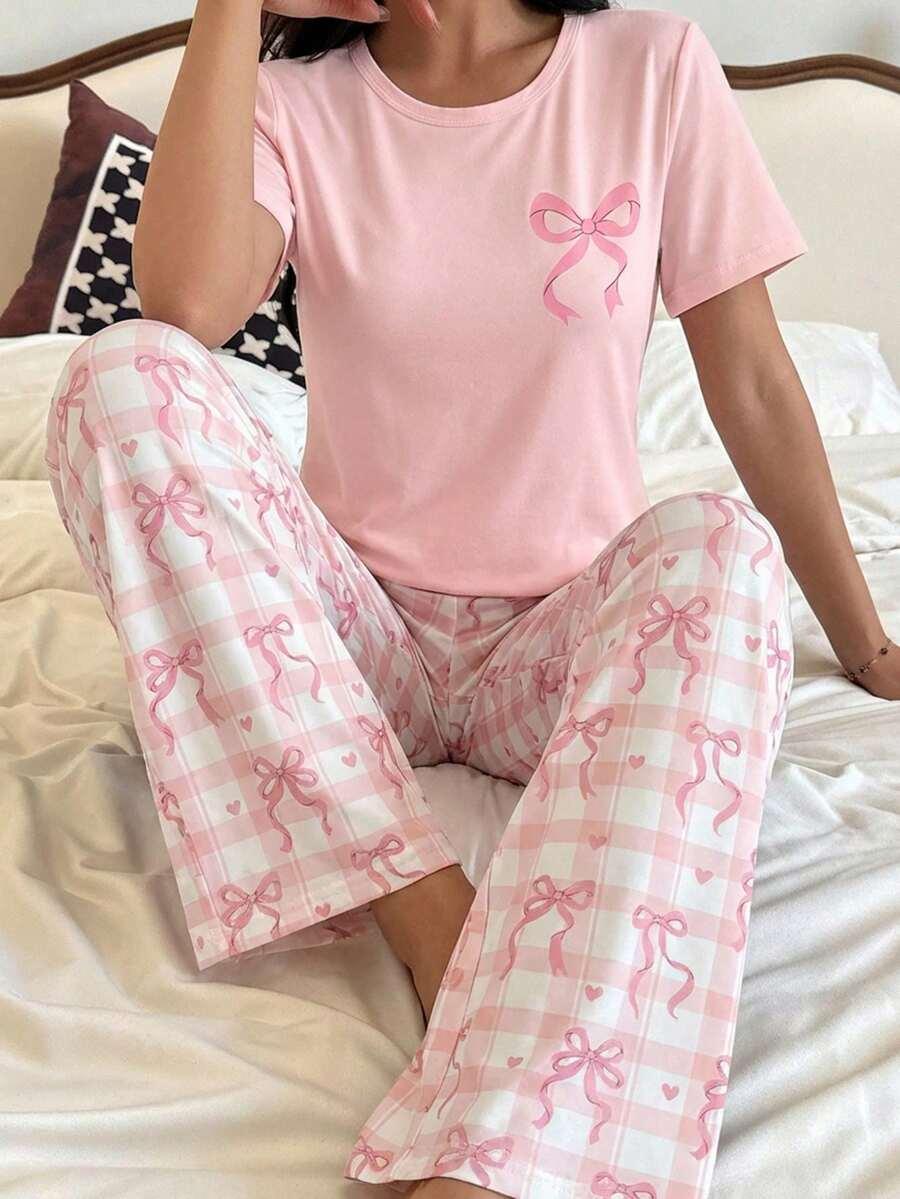 SHEIN RÓŻOWA KOSZULKA PIŻAMOWA WZÓR PRINT KOKARDA S06__164/170