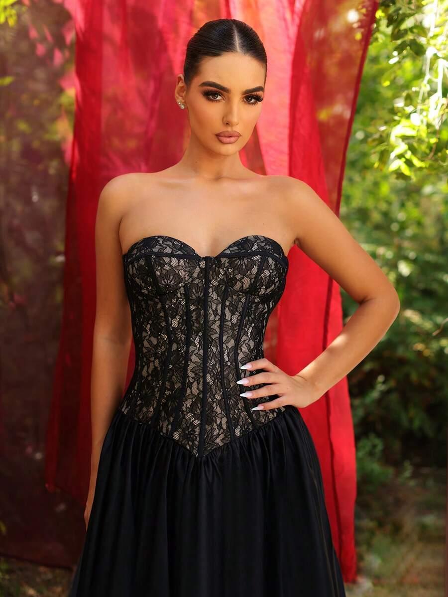 SHEIN CZARNA SUKIENKA KORONKA S06__M