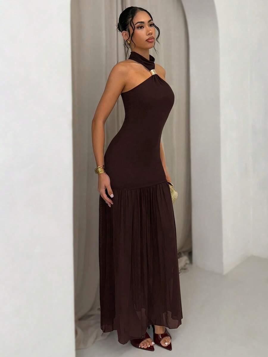 SHEIN BRĄZOWA MAXI SUKIENKA S06__L