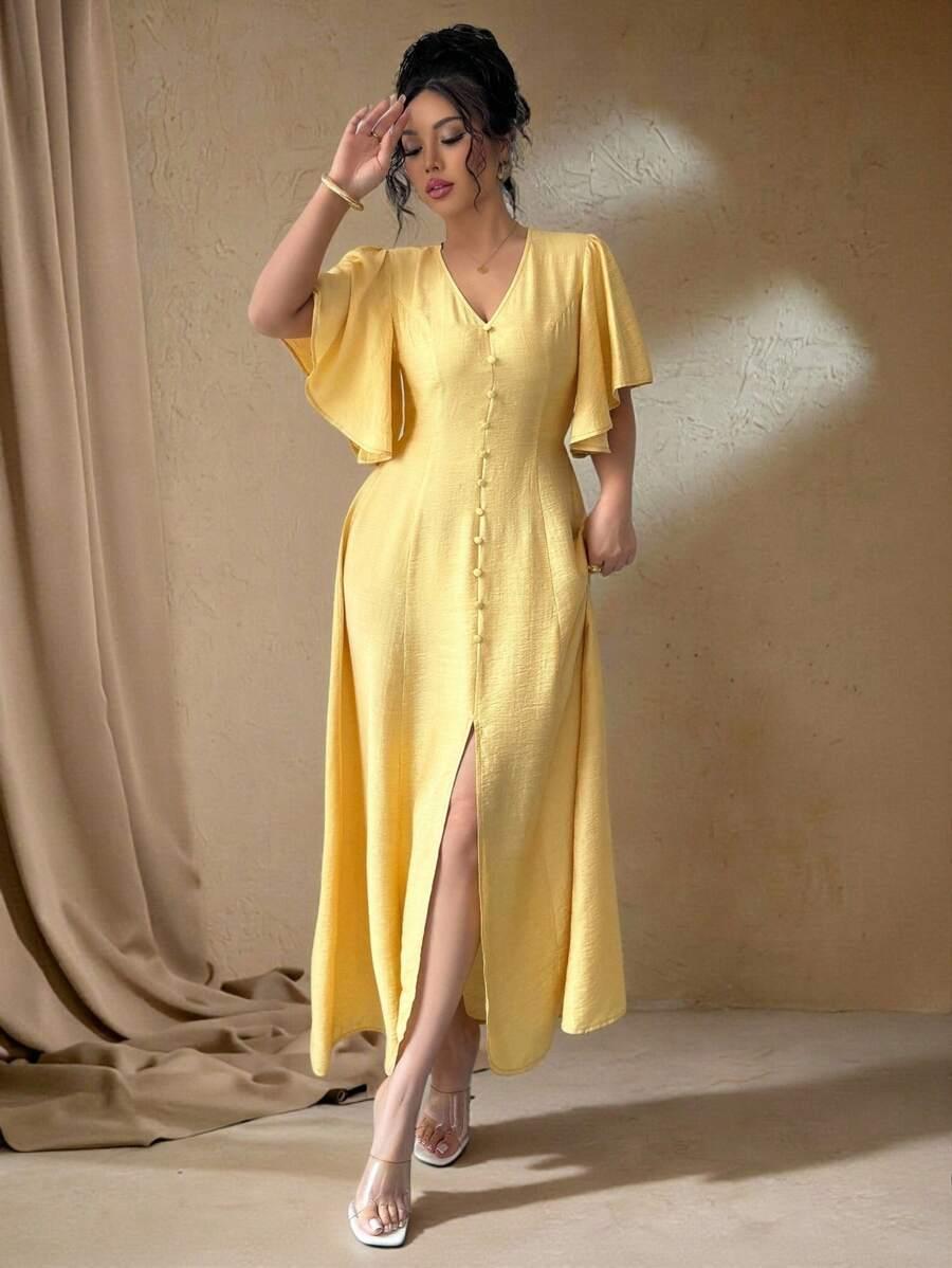 SHEIN ŻÓŁTA SUKIENKA GUZIKI V-NECK S06__46