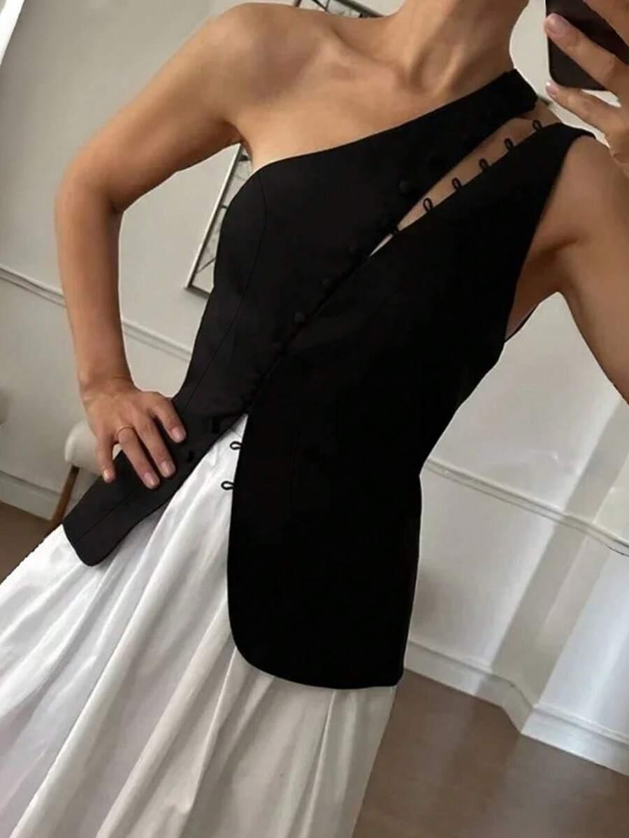 SHEIN CZARNY ASYMETRYCZNY TOP GUZIKI S06__S
