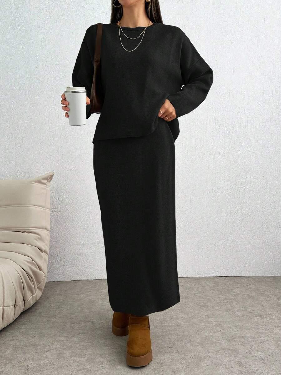 SHEIN CZARNA DZIANINOWA MAXI SPÓDNICA PK01__L