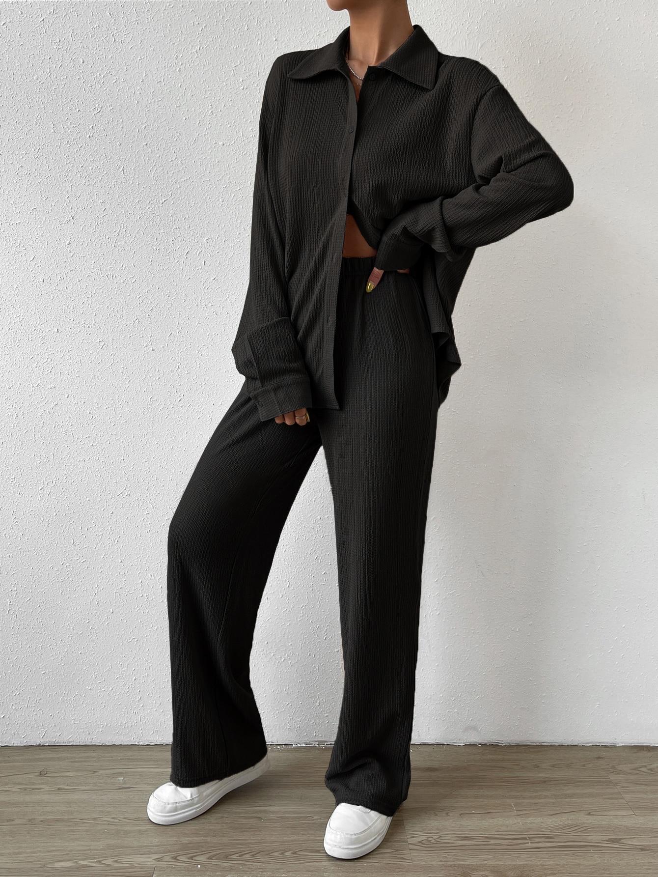 SHEIN CZARNY KOMPLET TOP KOSZULA SPODNIE S06__M