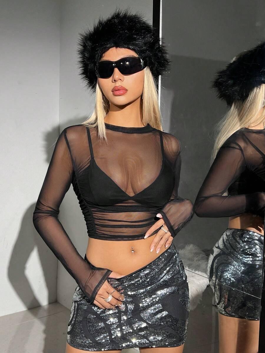 SHEIN CZARNY TOP Z DŁUGIM RĘKAWEM SIATECZKA S06__XXS