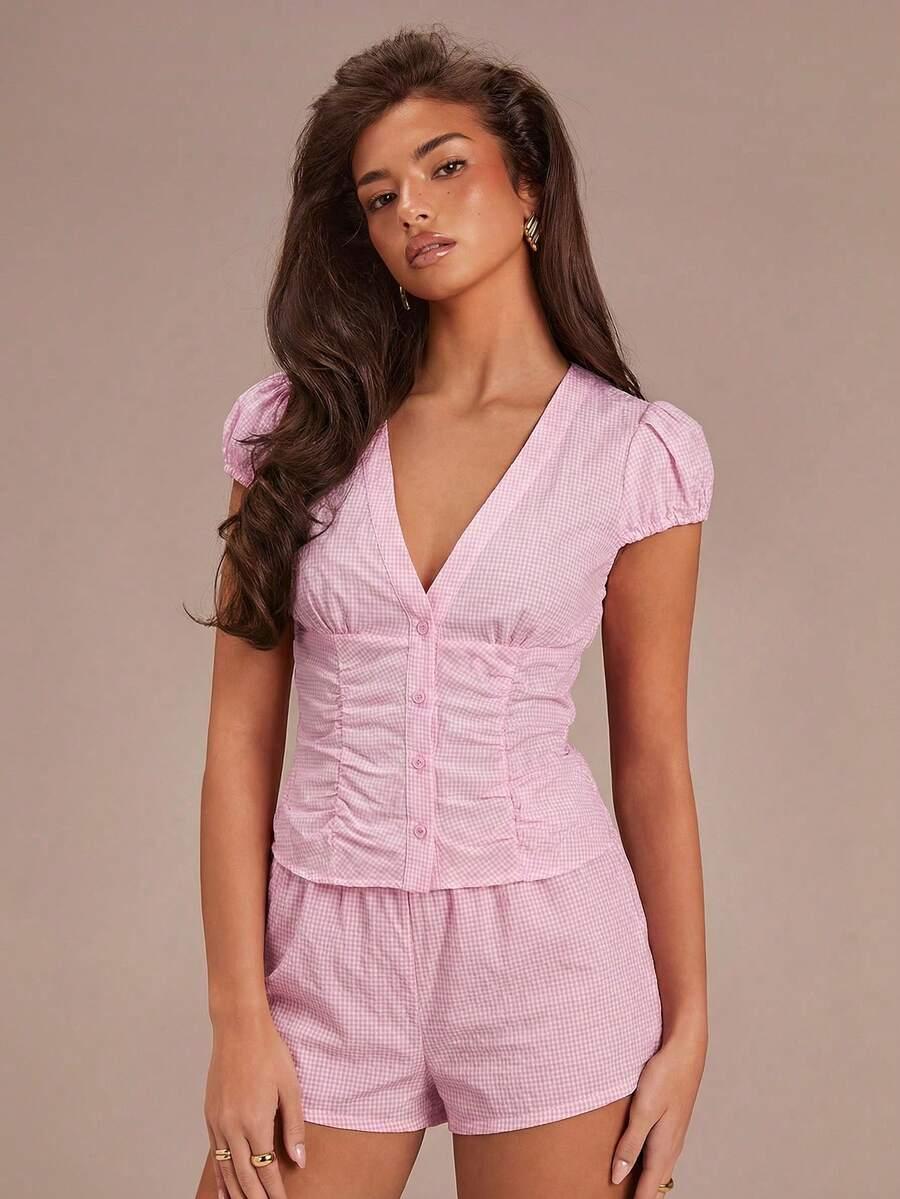 SHEIN ROZPINANA BLUZKA W KRATĘ S06__M