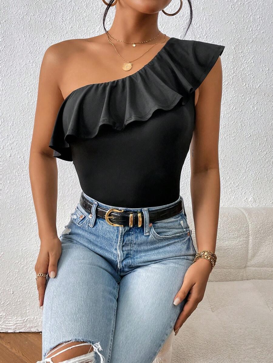 SHEIN CZARNY TOP NA JEDNO RAMIĘ S06__L