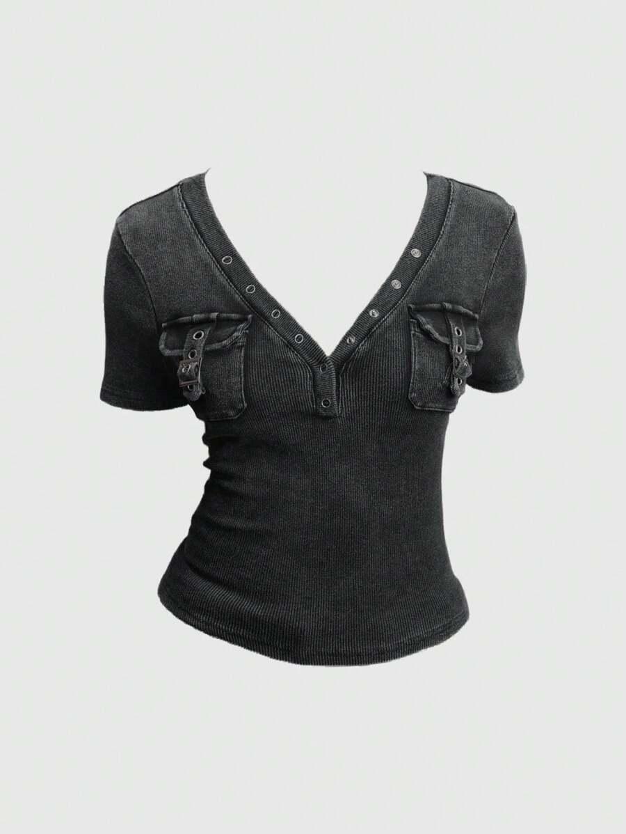 ROMWE SZARY T-SHIRT V-NECK KLAMRY S06__L