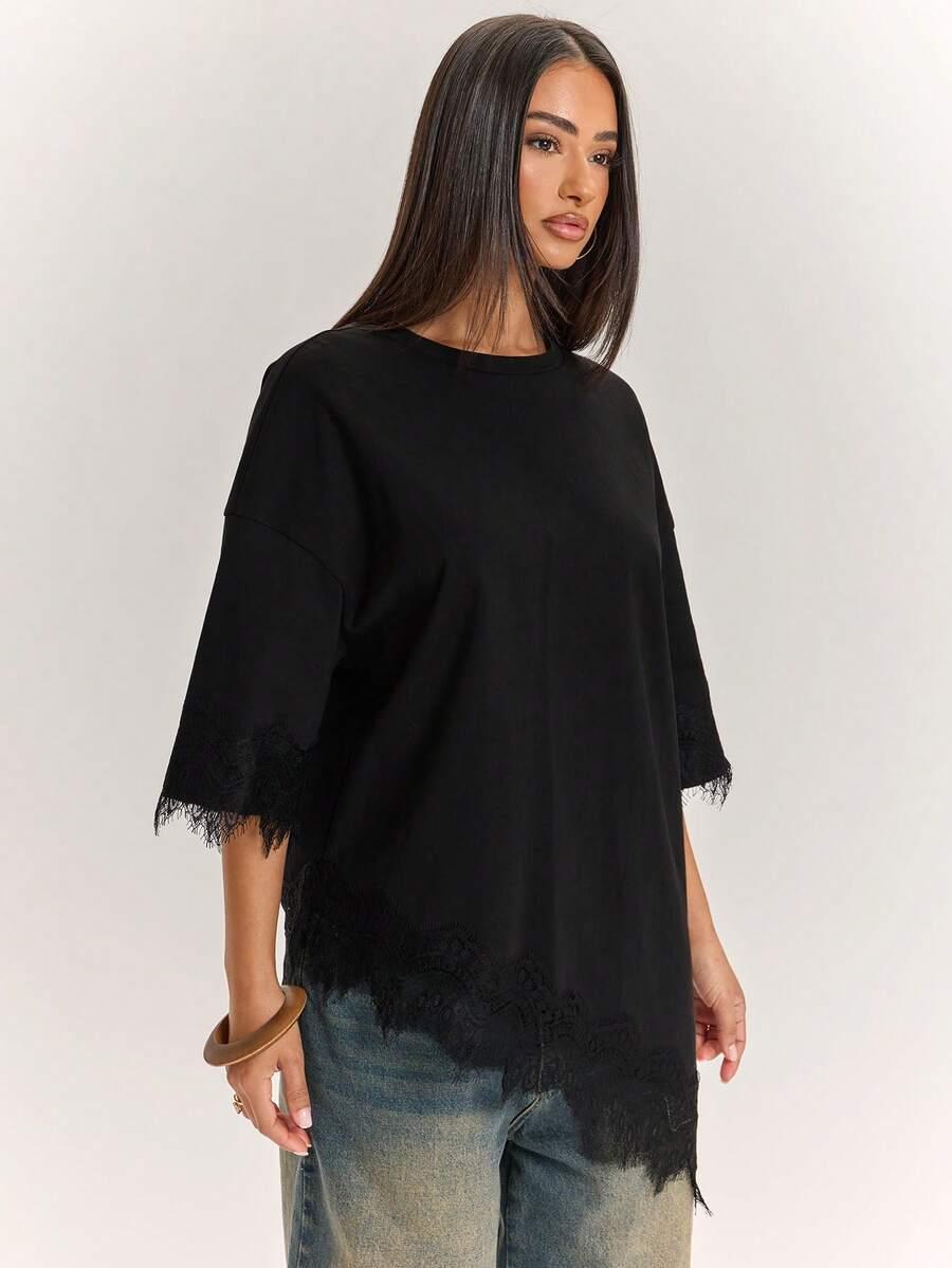 SHEIN CZARNY T-SHIRT KORONKA S06__M
