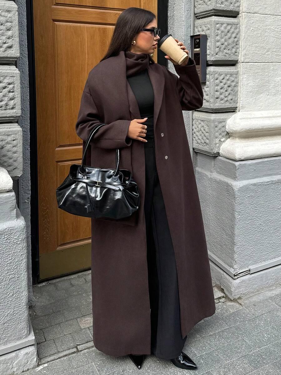 SHEIN BRĄZOWY PŁASZCZ SZALIK W01__L