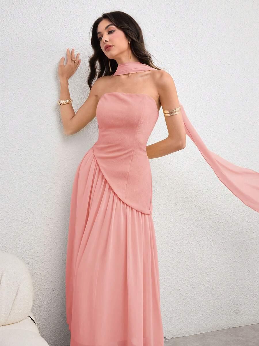 MODELYN RÓŻOWA MAXI SUKIENKA Z SZALEM S06__L