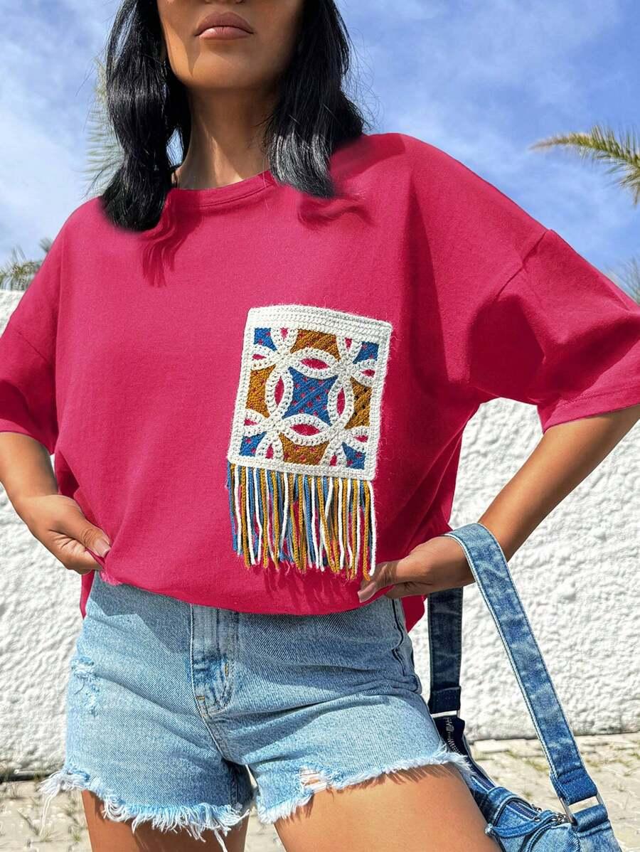 SHEIN RÓŻOWY T-SHIRT HAFT