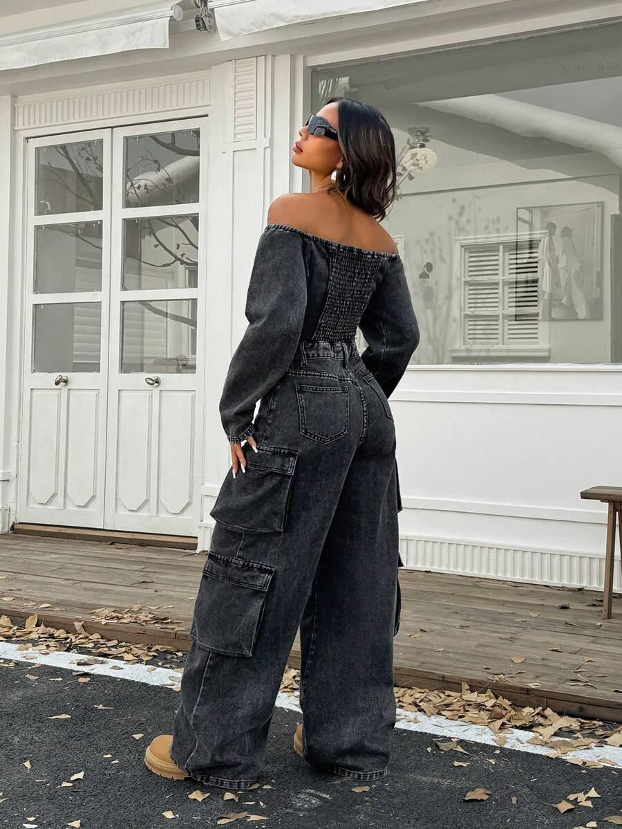 SHEIN CZARNY JEANSOWY KOMBINEZON S06__L