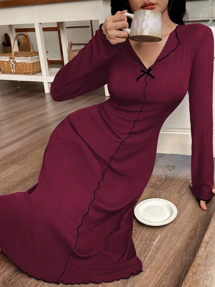 SHEIN BORDOWA MAXI SUKIENKA Z DŁUGIM RĘKAWEM S06__L