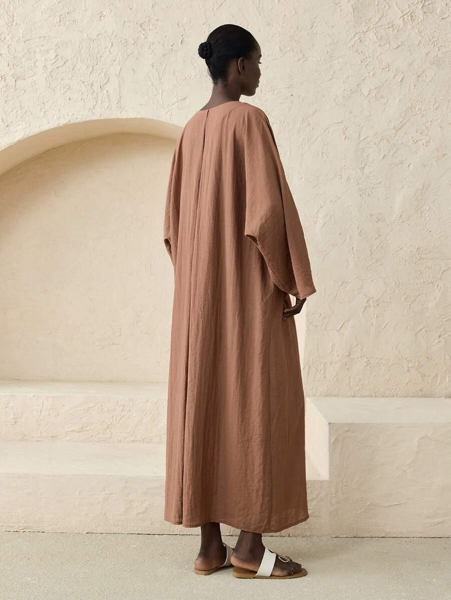 SHEIN BRĄZOWA SUKIENKA Z DOMIESZKĄ LNU PK01__M