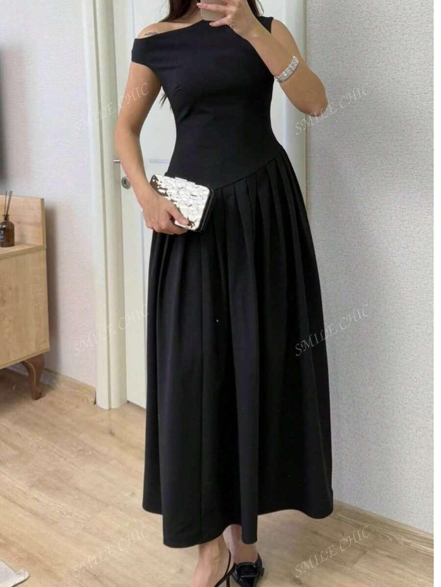 SHEIN CZARNA SUKIENKA ASYMETRYCZNY DEKOLT S06__L