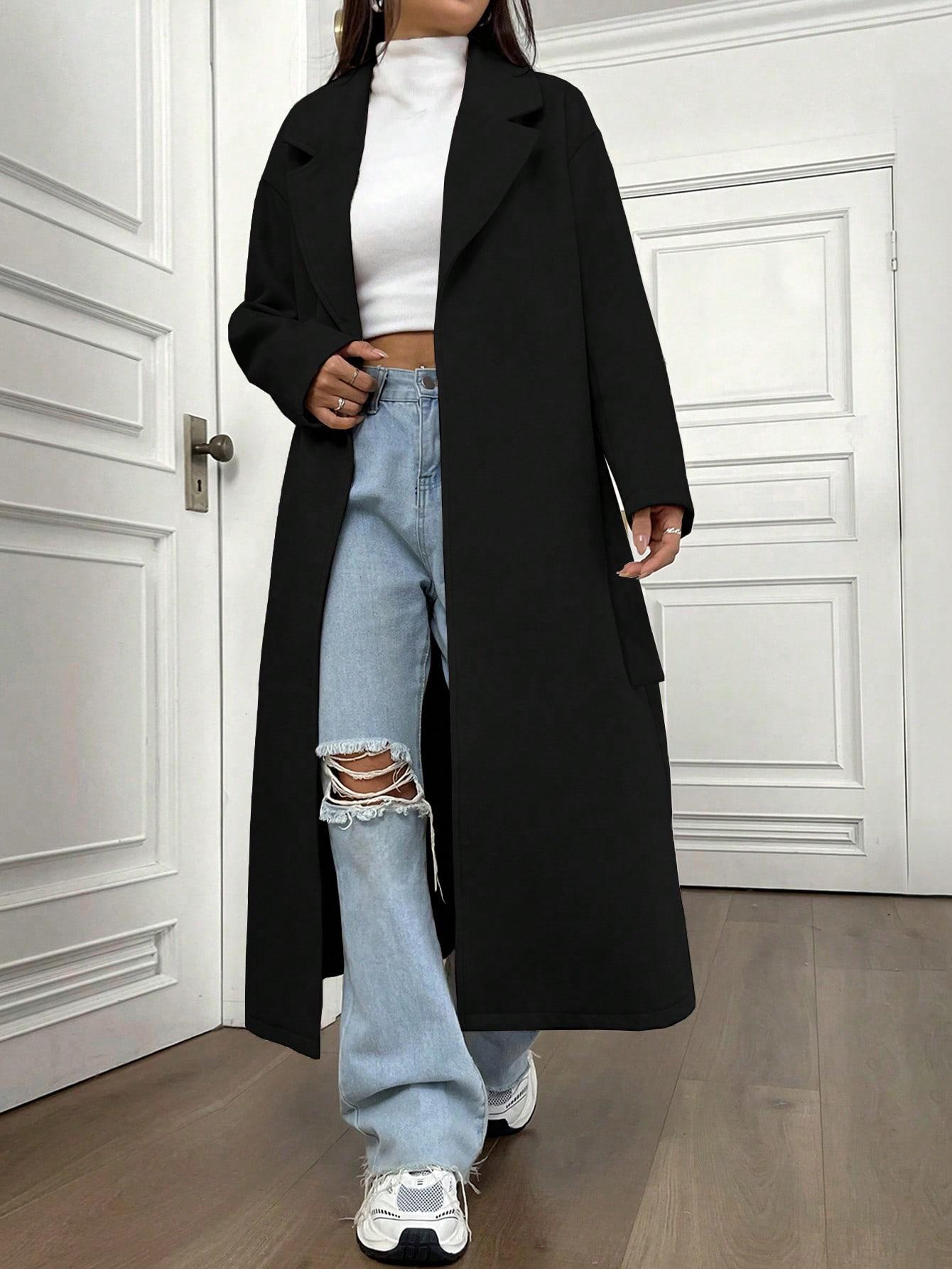 SHEIN CZARNY KLASYCZNY DŁUGI PŁASZCZ W01__L
