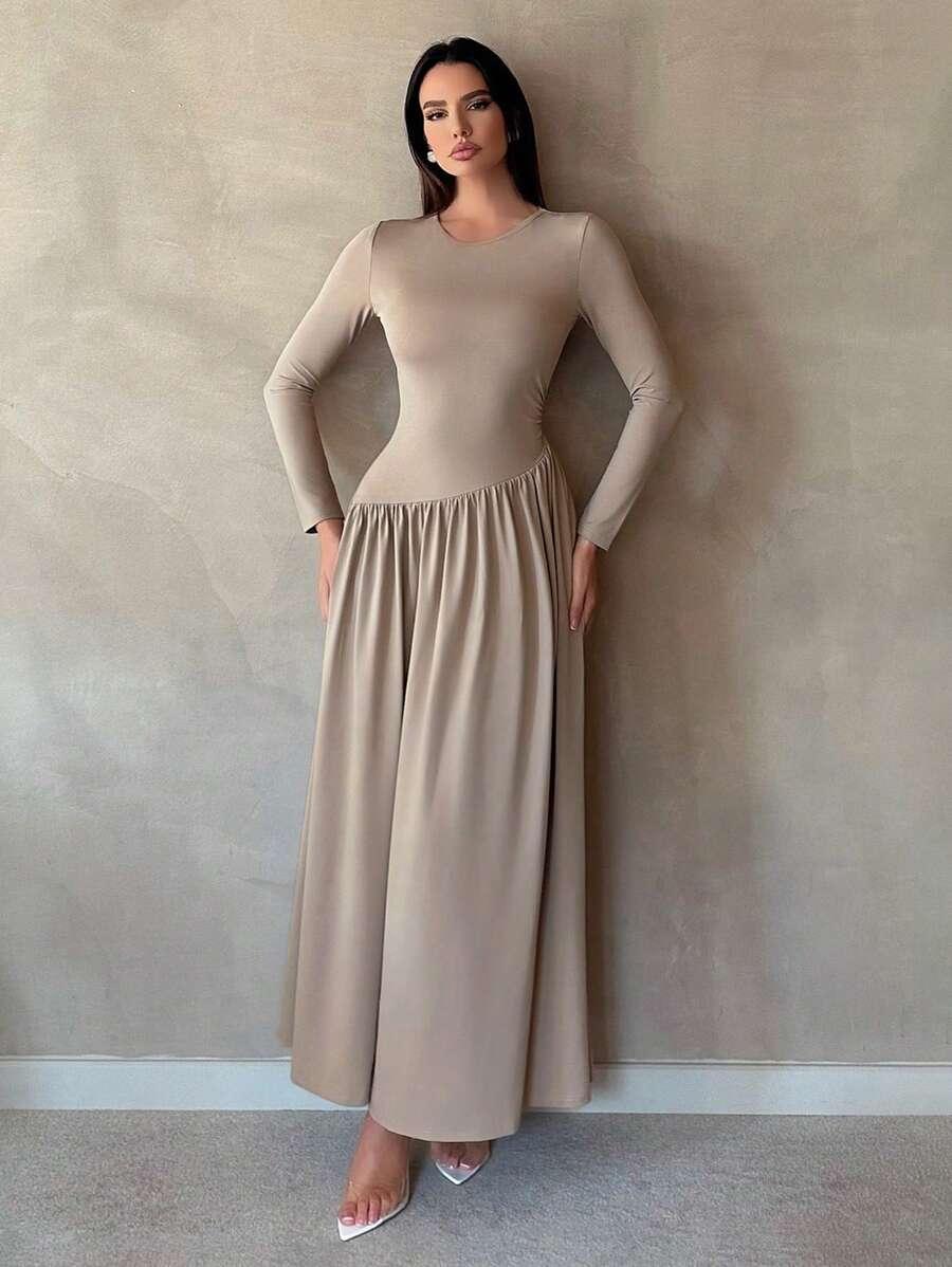SHEIN BEŻOWA MAXI SUKIENKA S09__S
