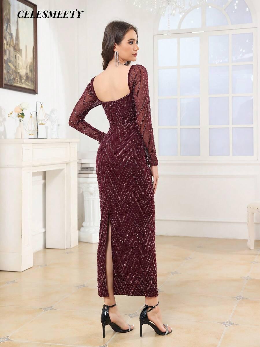 SHEIN BORDOWA MAXI SUKIENKA ZDOBIENIE PK01__XS
