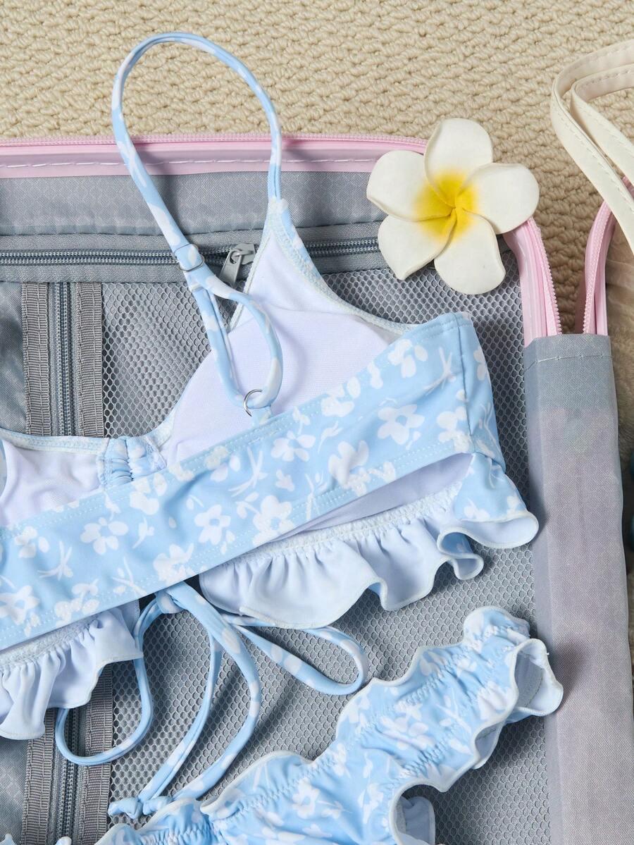 SHEIN NIEBISKI STRÓJ KĄPIELOWY DWUCZĘŚCIOWY PRINT KWIATKI S09__L