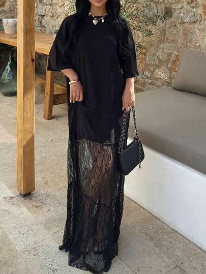 SHEIN CZARNA MAXI SUKIENKA KORONKA S06__XS