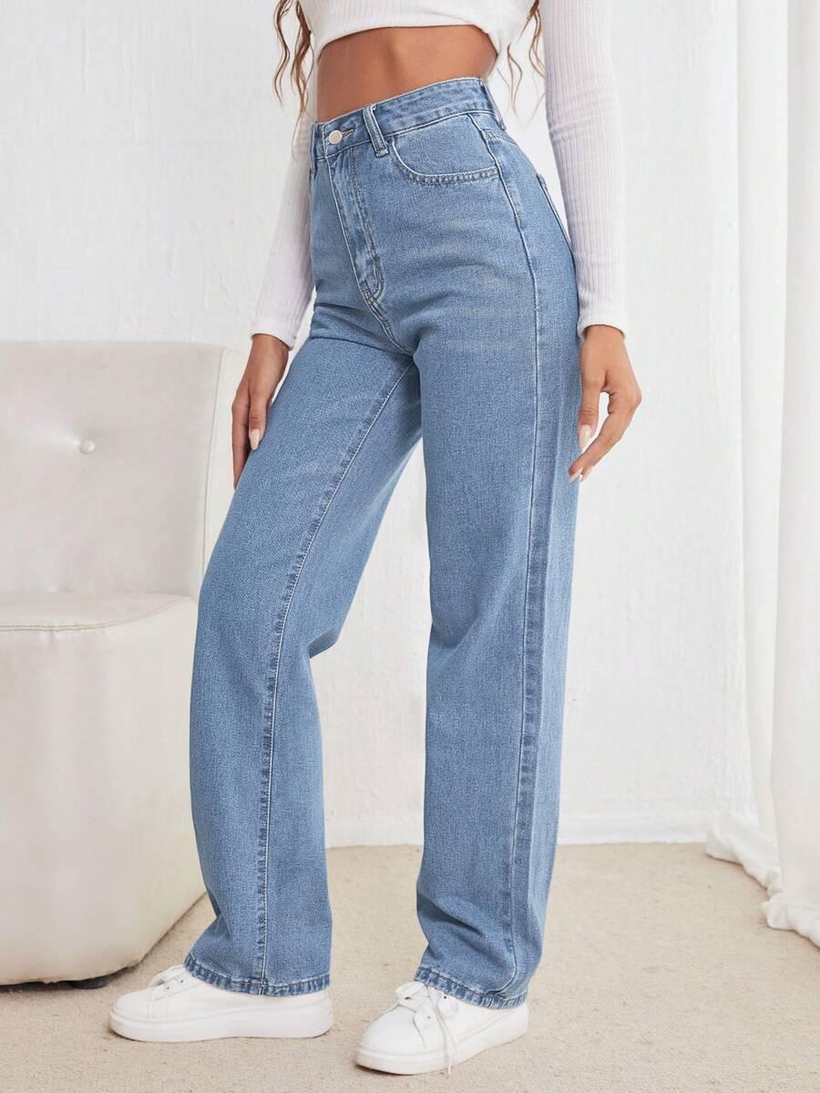 SHEIN NIEBIESKIE PROSTE SPODNIE Z WYSOKIM STANEM PK01__M