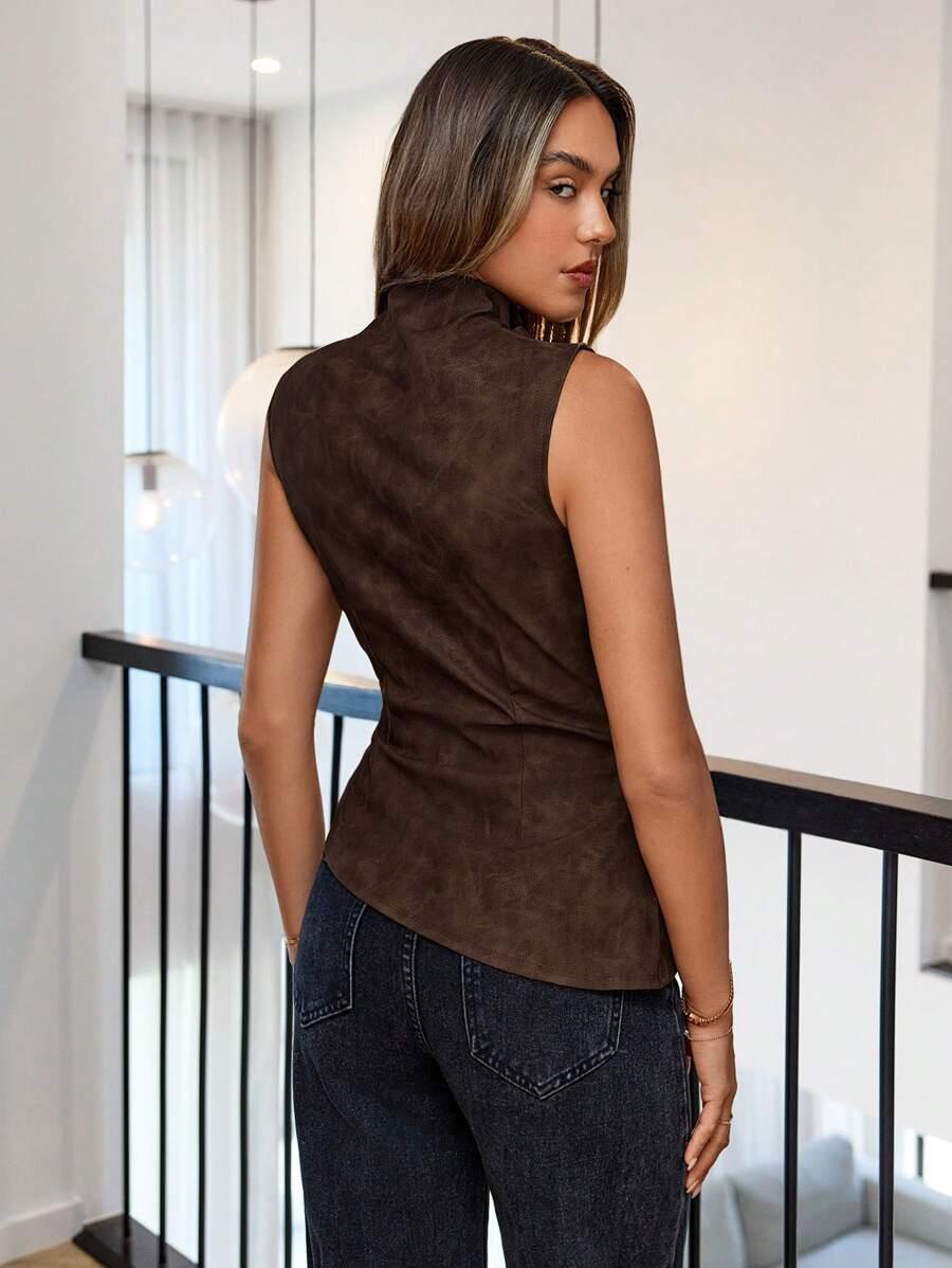 SHEIN BRĄZOWY TOP BEZ RĘKAWÓW IMITACJA SKÓRY S06__L