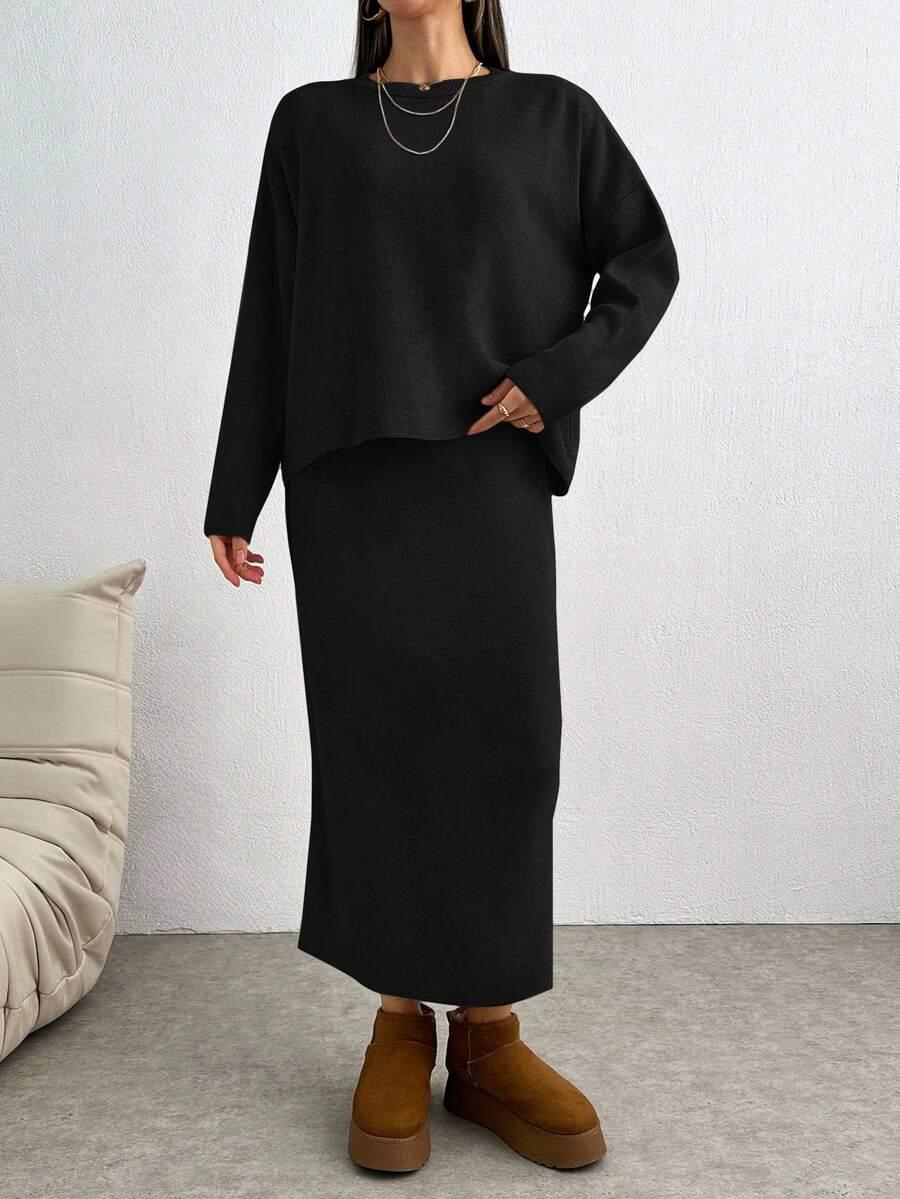 SHEIN CZARNA DZIANINOWA MAXI SPÓDNICA PK01__L